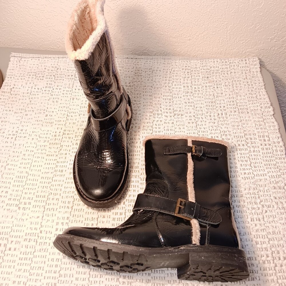 Boden women's black patent leather biker moto boots sz 38 / sz 7